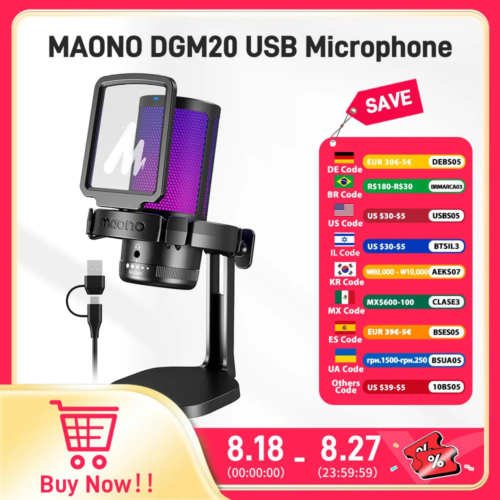 DGM20 Gaming Microphone,Usb Microphone Condenser Mic RGB Gaming Mic with Noise Reduction Software,Mic Gain,One Key Mute